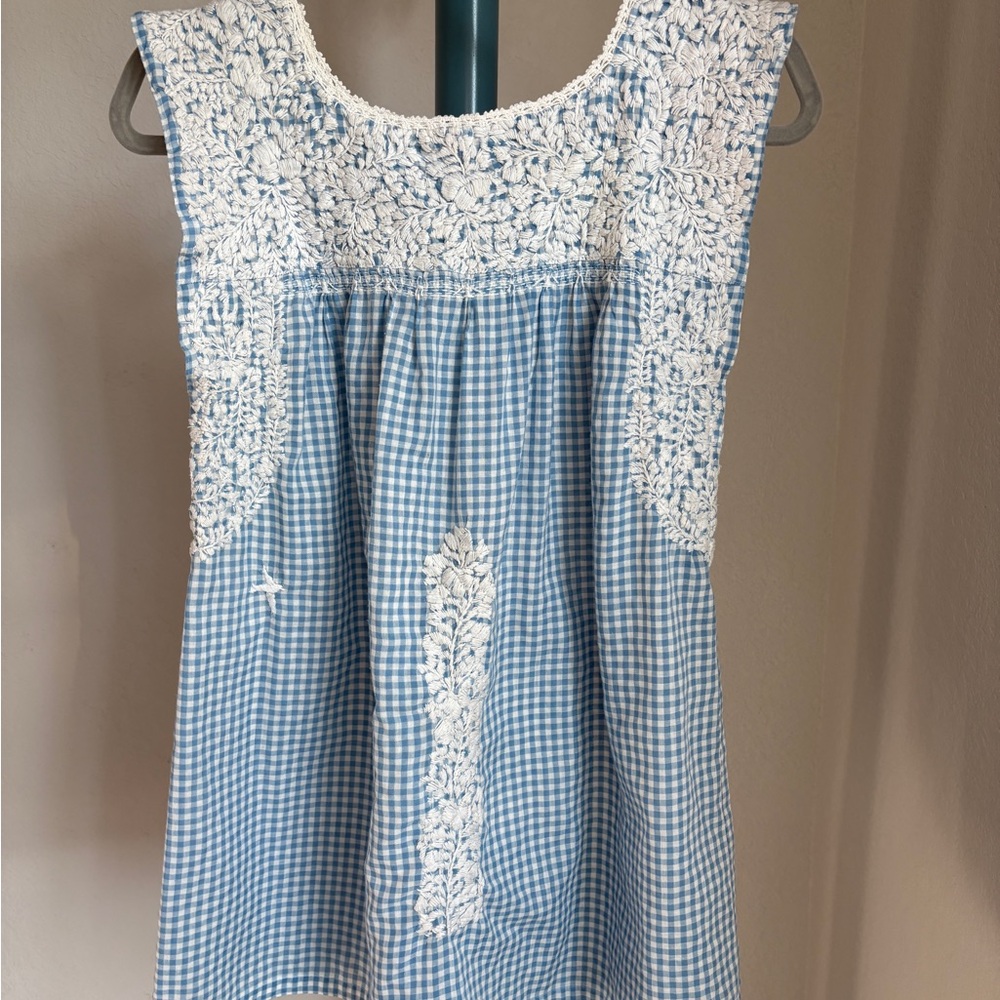 Mi Golondrina Blue Gingham Flores silhouette blouse with hand embroidered detail